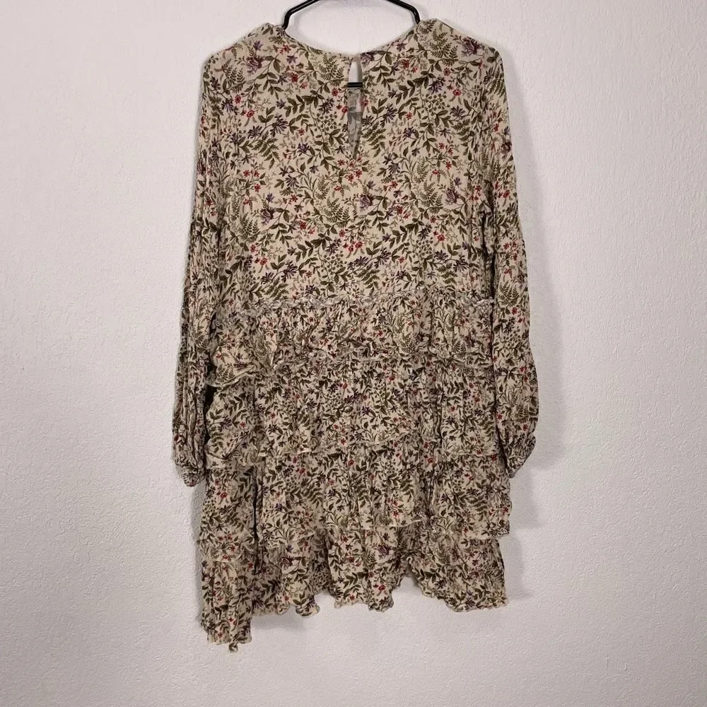 Urban Outfitters‎ Cream with Purple & Red Floral Print Long Sleeve Dress